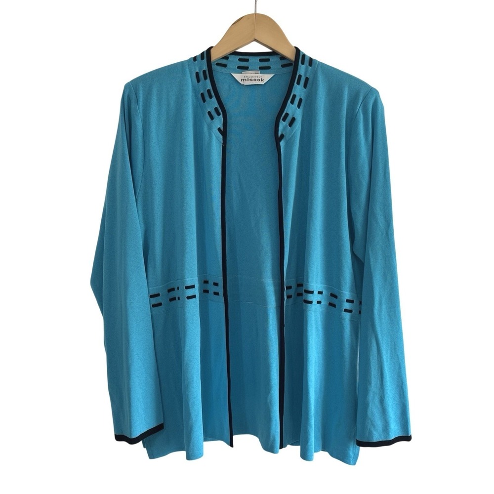 Misook Open Front Cardigan Sweater Womens Blue Black Large Long Sleeve Side Slit